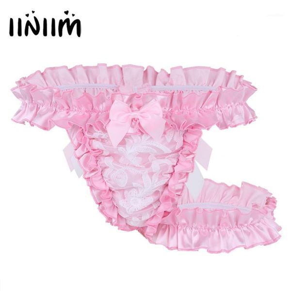 

iiniim gay mens lingerie panties lace frilly satin ruffled high cut g-string thong briefs underwear underpants with thigh garter1, Black;brown