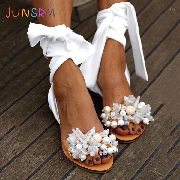 

sandals junsrm 2021 handmade women flat ankle strap beaded special women's shoes beach plus size 35-431, Black