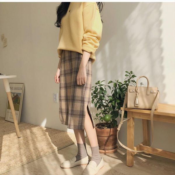

vintage plaid women skirts autumn plus size pencil long girls skirt female vintage warm thick skirts winter femme faldas muje, Black