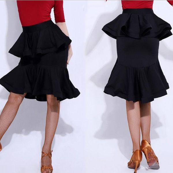 

new women double layer ballroom latin dance skirts training hip skirt fishbone skirts pleated irregular skirt1, Black;red