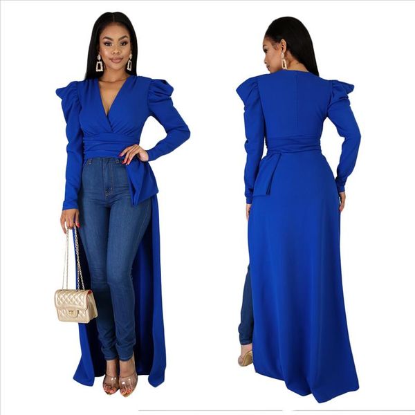 

elegant puff sleeve women solid long hem plunge long sleeve v neck blusa mujer spring plus size, Black