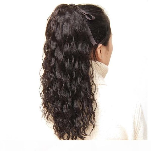 

deep wave curly natural ribbon clip in human hair ponytail hairpiece virgin hair pony tails drawstring 120g, Black