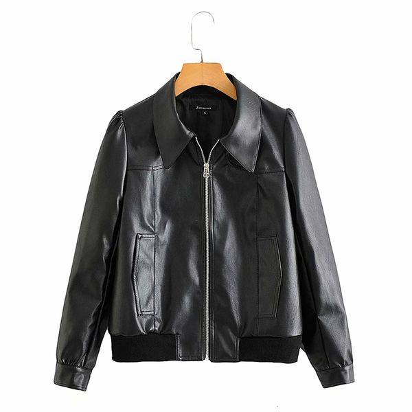 

2021 winter women new locomotive wind simplicity placket faux leather jacket female elastic knit hem lapel collar c, Black