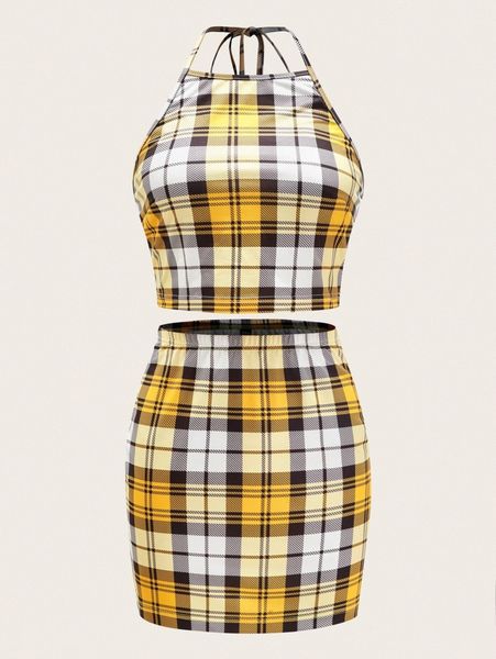 

tie back plaid halter & skirt set f7jq#, White