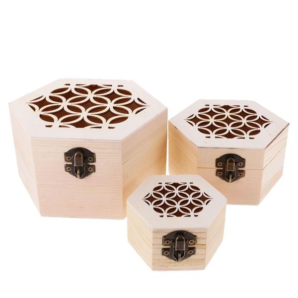 

3pcs hexagon unpainted plain wooden jewellery beads mini tools storage box case decoupage memorial keepsake gift, Pink;blue