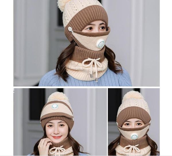 

2020 new winter women beanie scarf mask set winter warm plush lined pom pom knit hat with mask and neck warmer, Blue;gray