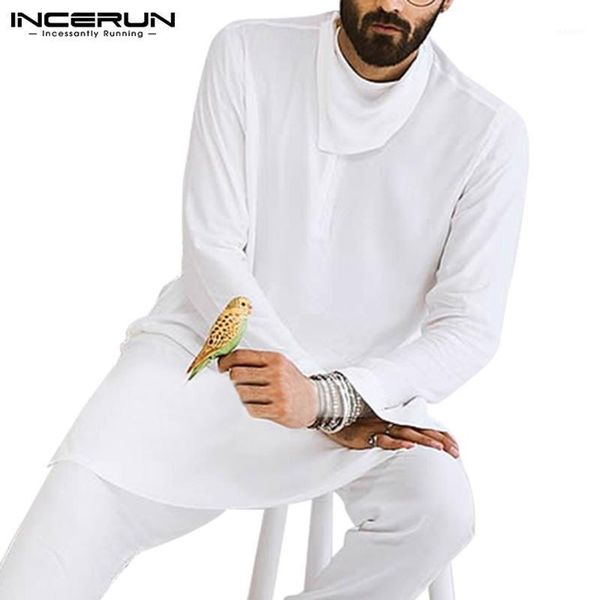 

2020 fashion muslim long shirts men long sleeve irregular collar camisa casual solid color loose arabic dubai s-5xl incerun1, Red