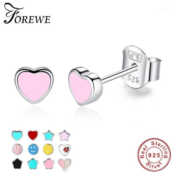 

fashion 925 sterling silver cute small pink and blue enamel heart stud earrings for women girls children baby kids fine jewelry1, Golden;silver