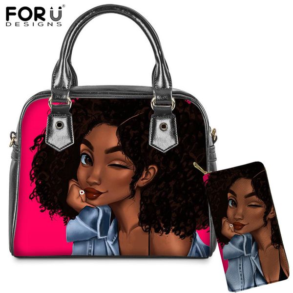 

forudesigns design handbags women black art african/afro girl print lady hand bag wallet 2set female handle bag