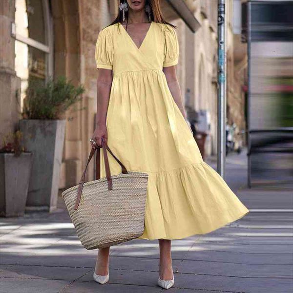 

casual solid ladies elegant long dress fahsion v-neck short sleeve loose a-line dresses women vintage simple party dresses, Black;gray