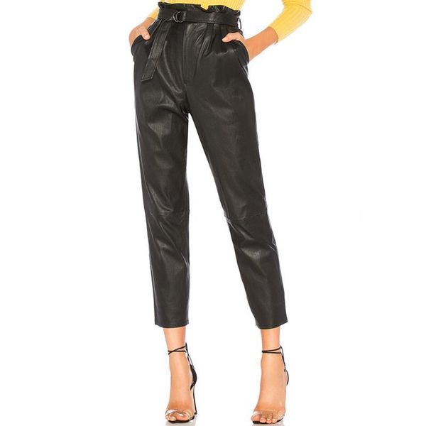 

women high waist pu leather pants ladies trousers leggings office lady pants women ankle-length pencil trousers with sashes, Black;white