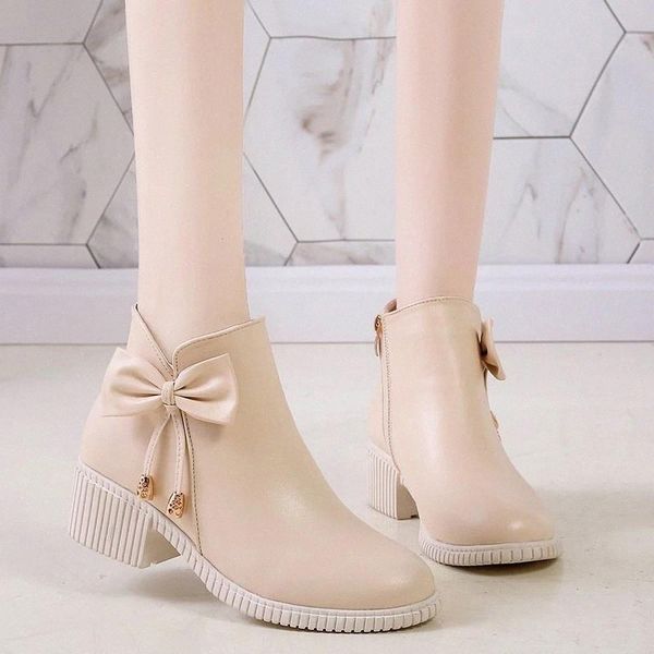 

lucyever sweet bow square heel boots women autumn college style waterproof pu leather ankle boots woman short plush shoes female #ng60, Black