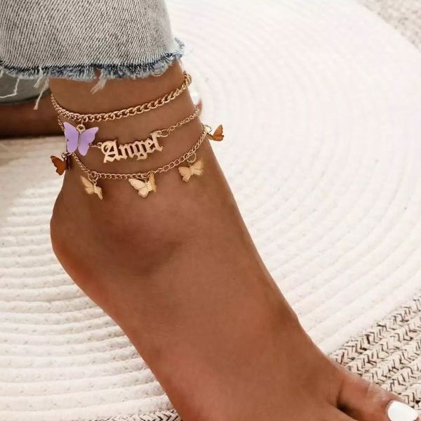 

bohemian new butterfly anklets letter angel acrylic alloy anklet for women fashion foot chain bracelet jewelry /set, Red;blue
