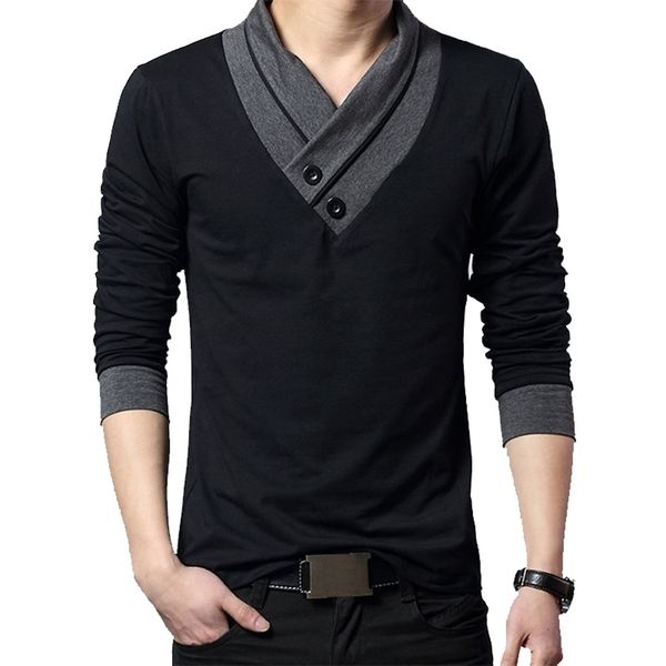 

fashion brand trend slim fit long sleeve t shirt men patchwork collar tee v-neck men t-shirt cotton t shirts plus size 5xl 201116, White;black