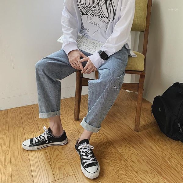 

2020 spring and autumn new couple youth popular striped wild straight pants fashion medium high waist casual pants gray m-xl1, Black