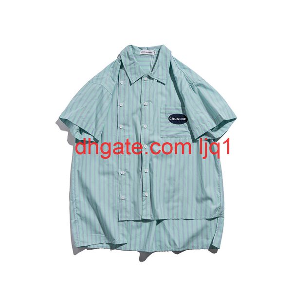 

vertical stripe short sleeve shirt men's harajuku fashion brand irregular hem half sleeve shirt trend loose 5-sleeve, White;black
