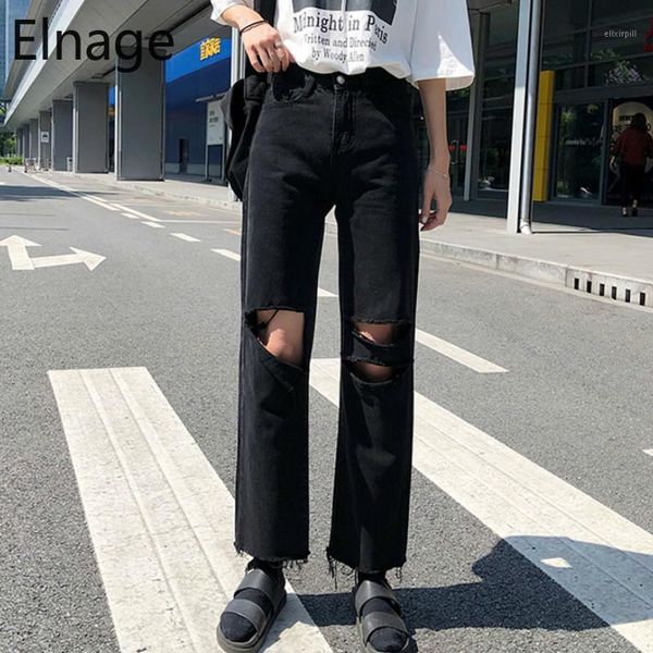 

pantalon black hole jeans women straight loose 2020 new korean high waist denim pants slim wide leg trousers ripped 5b1371, Blue