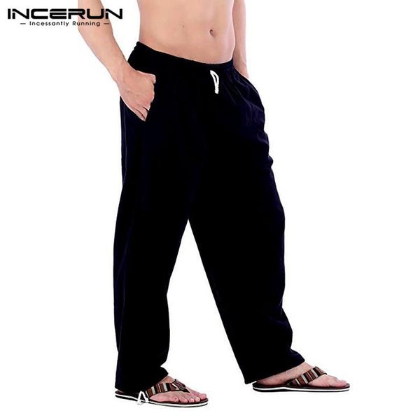 

men's pants 2021 vintage men wide leg joggers cotton solid color streetwear drawstring trousers baggy casual pantalones hombre incerun, Black