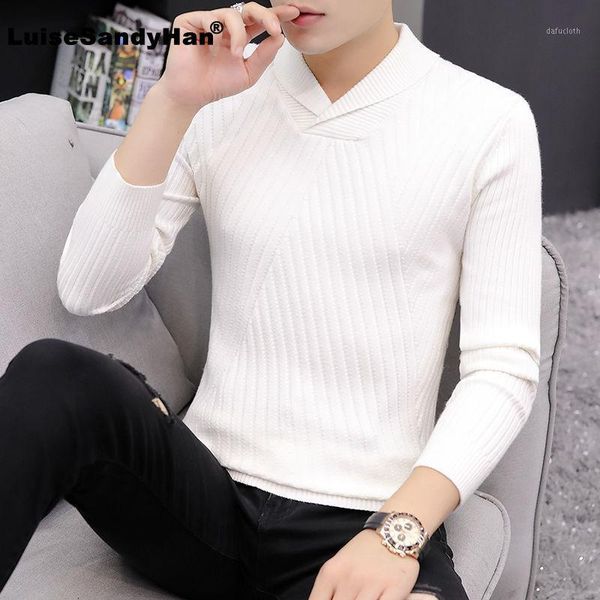 

stitched lapel long-sleeved knitted sweater man slim ribbed solid color simple commuting base sweater man pullover spring autumn1, White;black