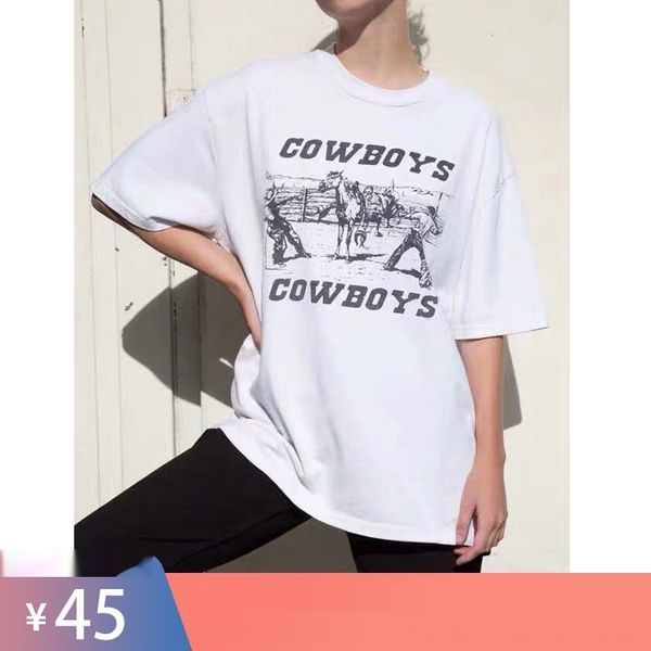 

bm cowboy denim boys print loose oversized fashion brandymelville official website bm cowboy denim boys print loose oversized t-shirt t-shir, White