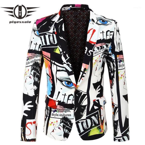

plyesxale hip hop mens blazer jacket european and american style casual male blazer fashion printed designs stage costume q4851, White;black