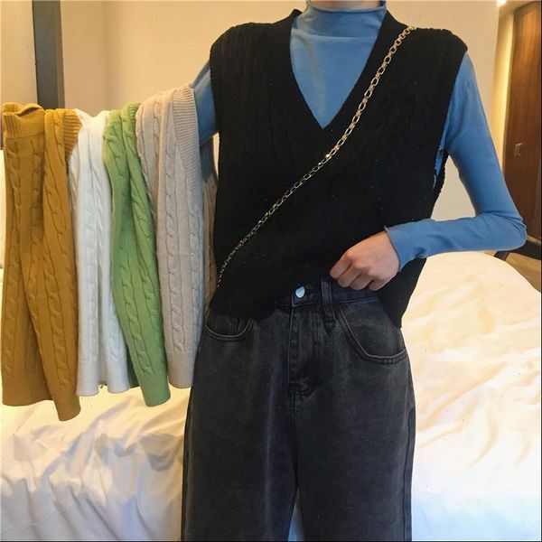 

women sleeveless pullover autumn 2021 korean style vintage v neck short knitted sweater vest waistcoat sweaters tank t380, White;black