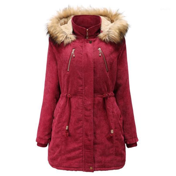 

winter corduroy coat cotton parka overcoat women thick long warm faux fur red jacket female girls hooded parka jacket oversize1, Black