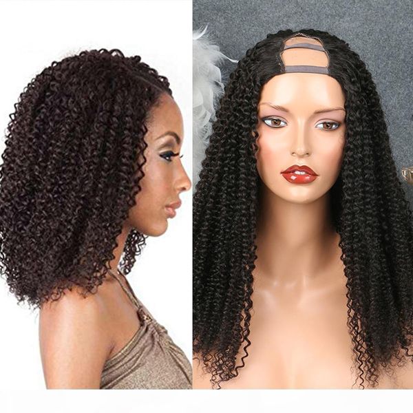

human hair kinky curly u part wig for african american women pre plucked glueless virgin mongolian kinky curly upart wigs bleached knots, Black;brown
