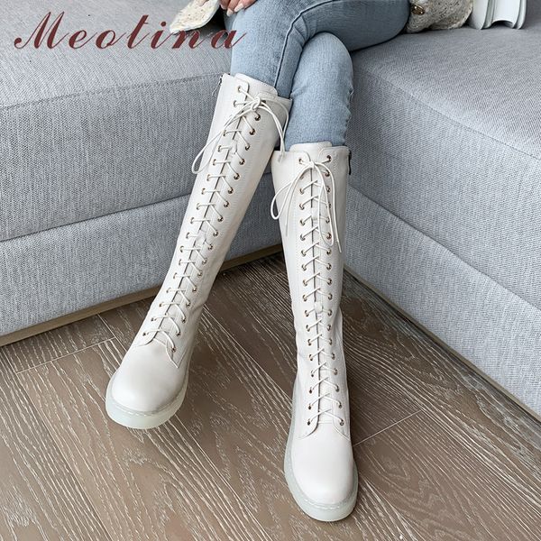 

meotina women motorcycle boots shoes real leather platform flat knee high boots zip cross tied lady long autumn winter 40, Black