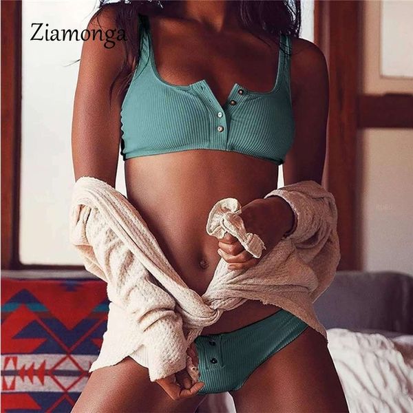 

ziamonga ribbed swimsuit summer bikini thong swimwear women button sport bikini set white bathing suit brazilian t200508, White;black