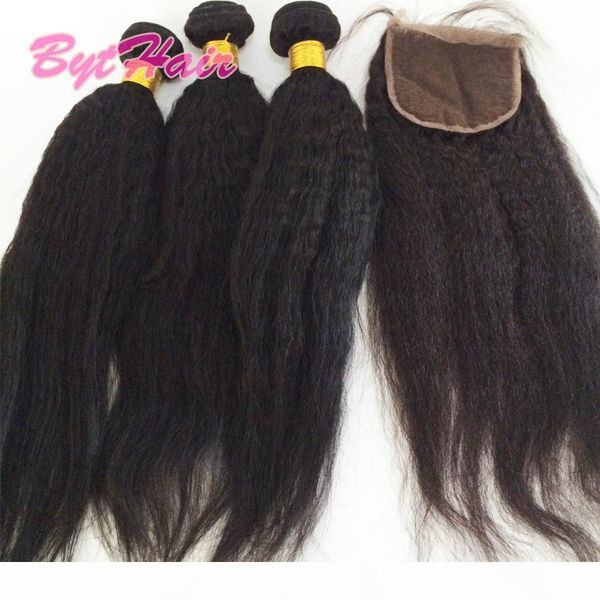 

bythair unprocessed brazilian yaki straight hair weft bundles with 4x4 lace closures peruvian indian malaysian human hair extensions dyeable, Black;brown