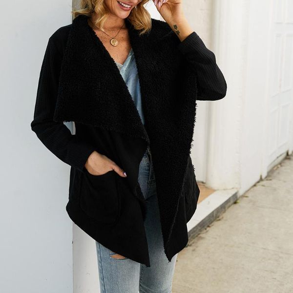 

autumn winter wool coat womens casual fleece patchwork knit long sleeves cardigan pocket keep warm coat outerwear #10231, Black;brown