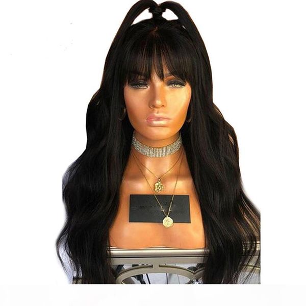

glueless body wave with bangs full lace human hair wigs brazilian human hair wig for black women natural color, Black;brown