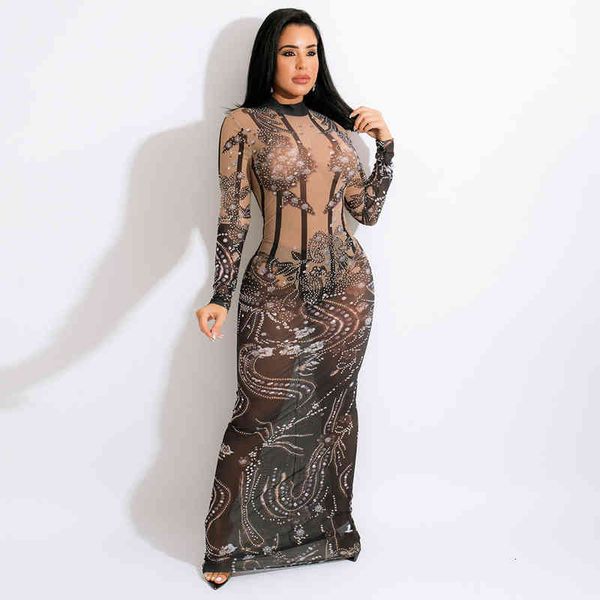 

ladies fashion slim fit perspective long sleeve round neck hip bag flower nightclub party dress, Black;gray