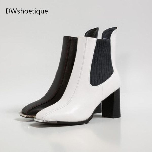 

genuine leather women ankle boots metal square toe high heel women booties, Black