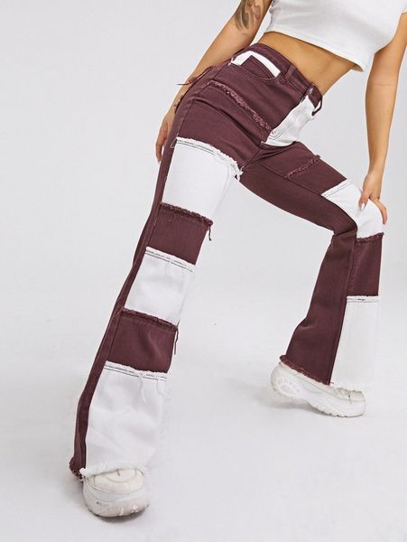 

high waist colorblock flare leg jeans x7wa#, Blue