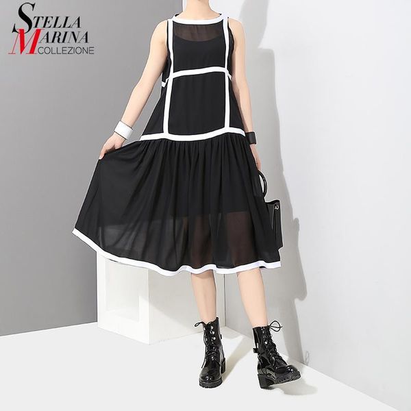 

new 2018 women summer clothing sleeveless a-line black white dress geometric pattern girls stylish casual wear dress style 71061, Black;gray