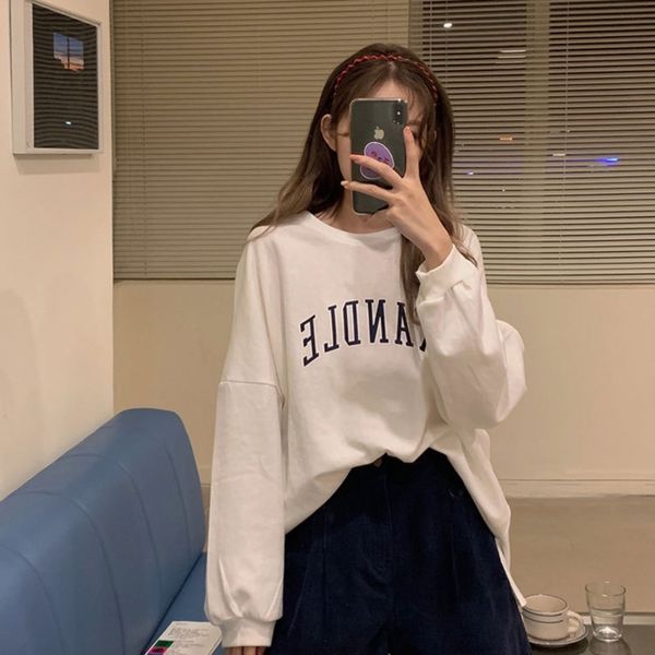 

exzsd ghost sweater horse girl korean autumn solid round neck loose slit long sleeve cotton color printed bottom sweater loose qm1z5, White