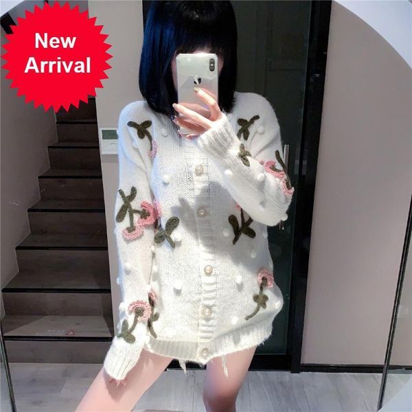 

new autumn 2021 women mode winter carigans 3d embroidered white flower ball long-sleeved leather dressed as shirt j2tt, White;black