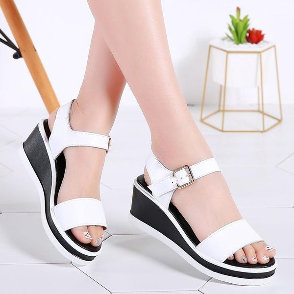 

sandals 2021 women white flat wedge summer platform sandalias ladies thick heel sole gladiator 19061, Black