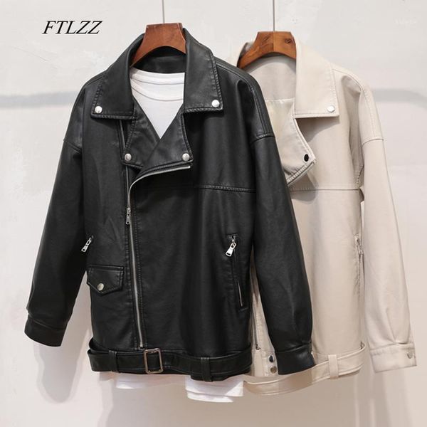 

ftlzz 2020 autumn women faux leather jacket loose soft pu motorcycle black punk leather coat female zipper overcoat with belt1
