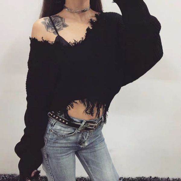 

lazy european and american style deep v-neck sweater irregular tassel design loose knit women's clothing, White;black