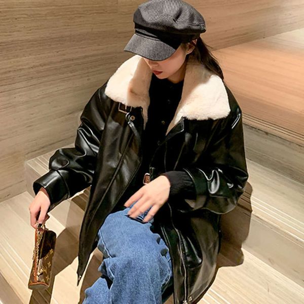 

winter women's large thick plush loose coat 2021 new fur integrated warm leather jacket fashion, Black