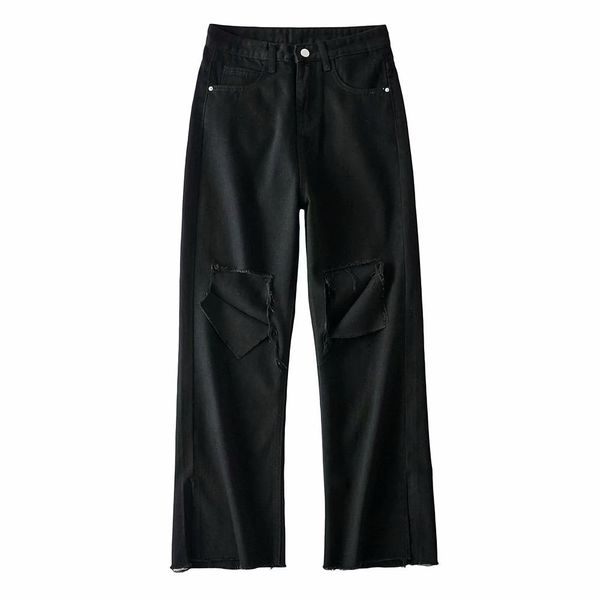 

2021 new cm063 the summer show tall waist pure color washing joker burrs torn jeans trousers slacks 4rru, Blue