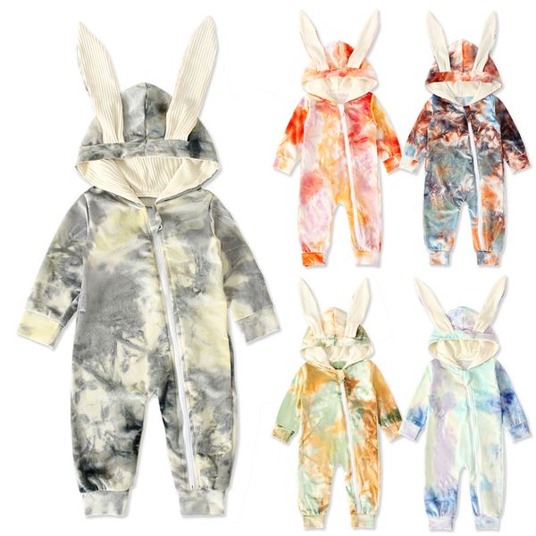 

baby boys girls hooded romper tie dye clothing bodysuit long sleeve autumn jumpsuits 2020 new fashion ins boutique bunny rabbit ear clothes, Blue