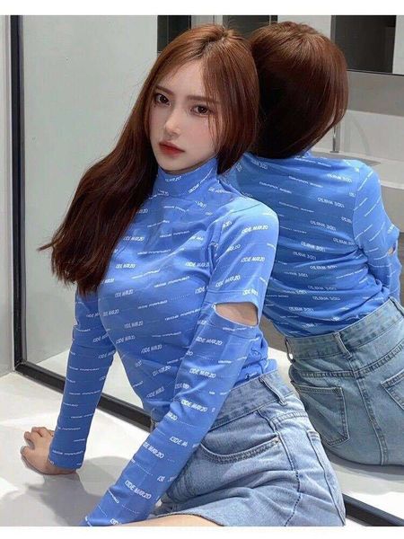 

13d xige's same print coatletter hole bottoming shirt for women's slim long sleeve ins 13d xige's same print coatletter hole, White