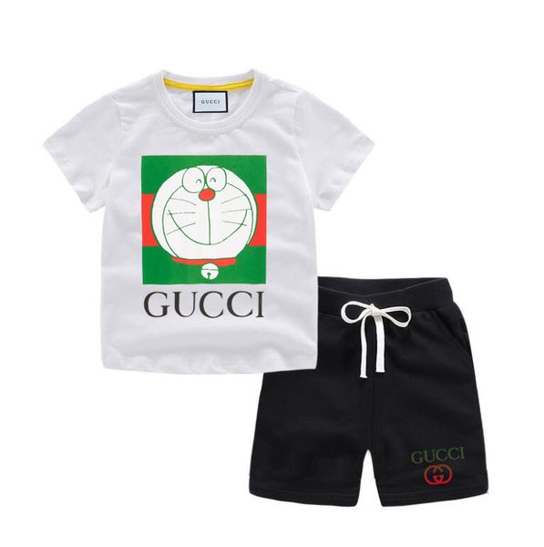 

2021 new fashion doraemon designer boy clothing designer short sleeve striped cotton short sleeve shorts children suit boy sports outfit set, White