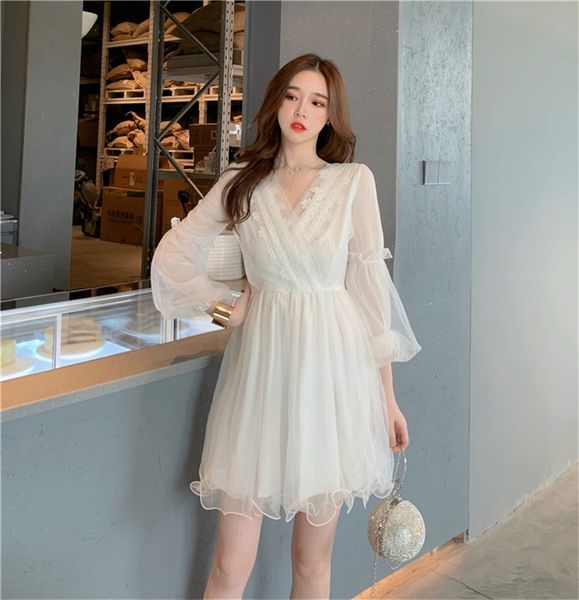 

spring dressed white korean women's retro high-waisted fashions bloated dress in knitted or crocheted gauze with super-fairy lace 932j, Black;gray