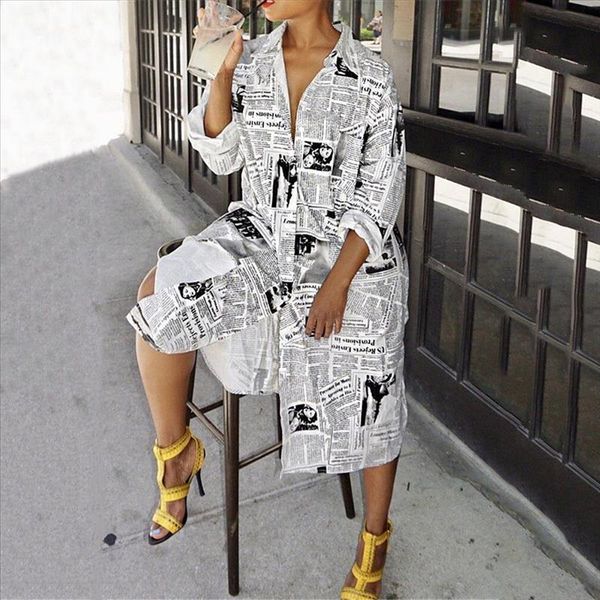 

fashion newspaper print long sleeve shirt dress women turn-down collar button up dress female streetwear shirt dress vestidos, Black;gray