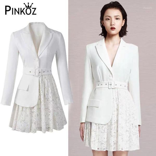 

pinkoz new spring long sleeve fashion style suit stitching patchwork lace belt women party mini dress white vestido de mujer1, Black;gray